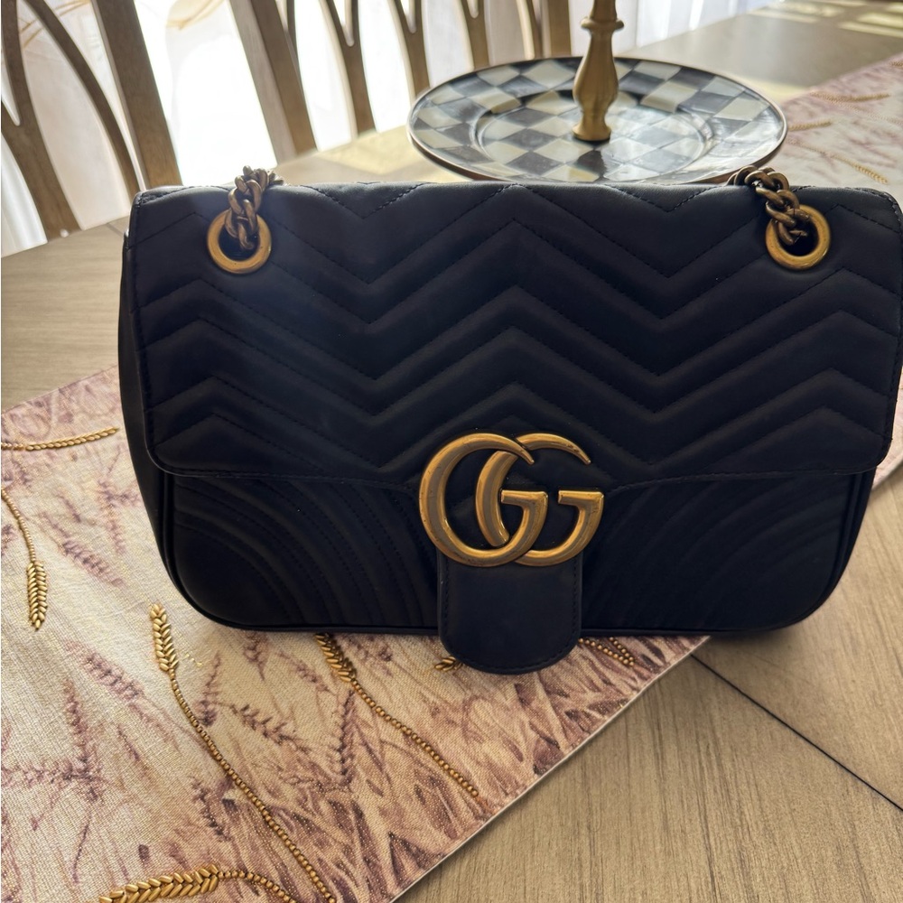 Gucci Black Chevron GG Shoulder Bag with Gold Hardware